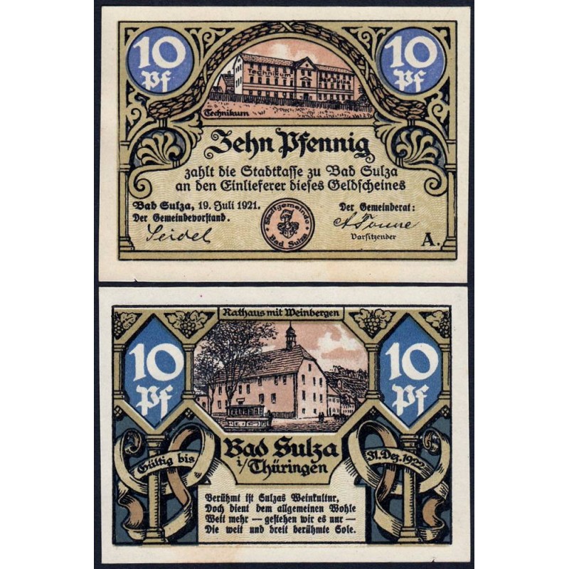Allemagne - Notgeld - Sulza (Bad-Sulza) - 10 pfennig - 19/07/1921 - Série A - Etat : NEUF