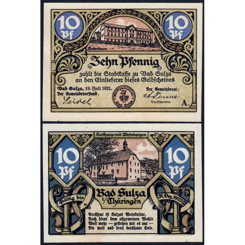 Allemagne - Notgeld - Sulza (Bad-Sulza) - 10 pfennig - 19/07/1921 - Série A - Etat : NEUF