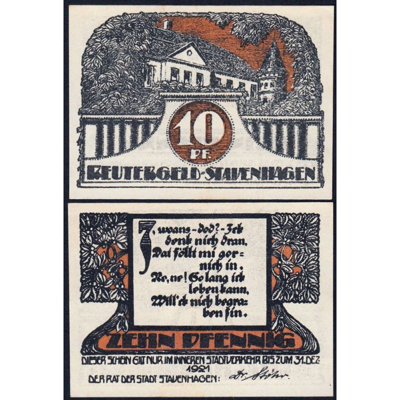 Allemagne - Notgeld - Stavenhagen - 10 pfennig - 1921 - Etat : NEUF