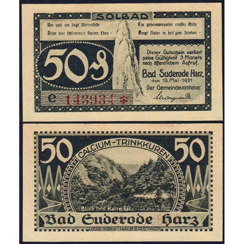 Allemagne - Notgeld - Suderode-im-Harz - 50 pfennig - Série e - 13/05/1921 - Etat : NEUF