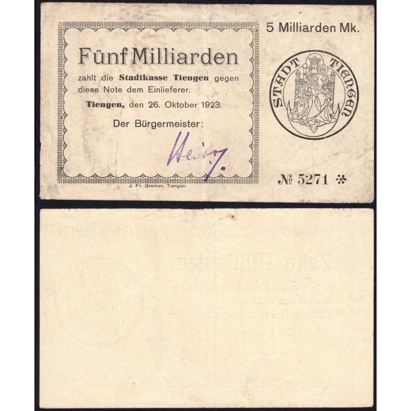 Allemagne - Notgeld - Tiengen - 5 milliards mark - 26/10/1923 - Etat : TTB