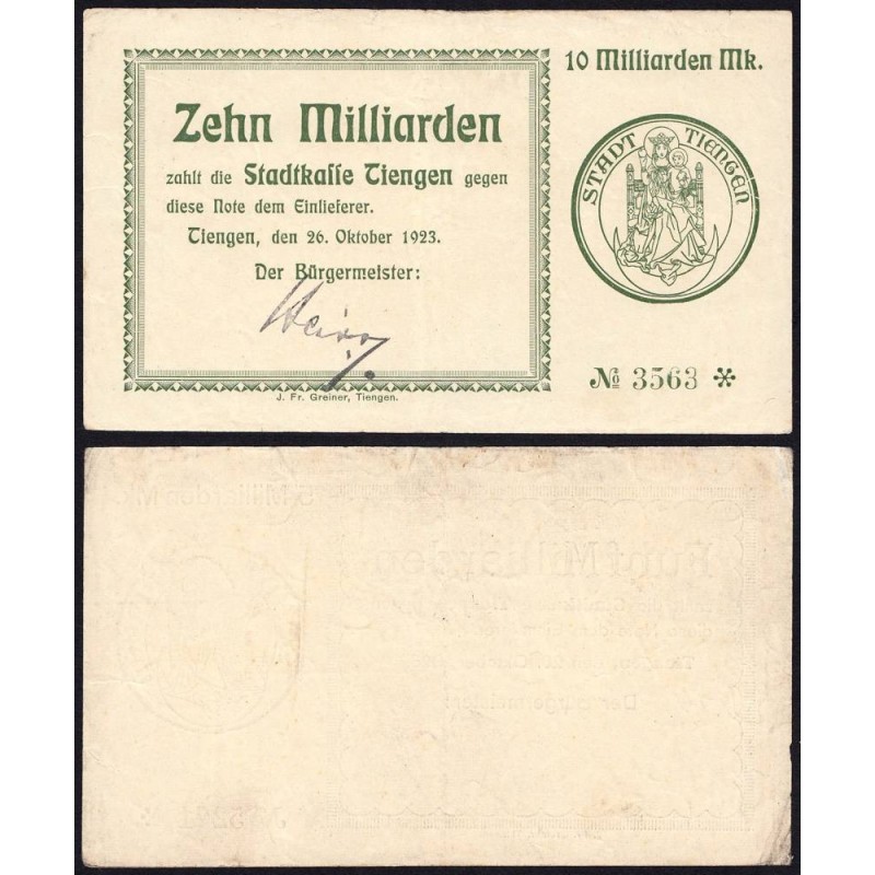 Allemagne - Notgeld - Tiengen - 10 milliards mark - 26/10/1923 - Etat : TTB+