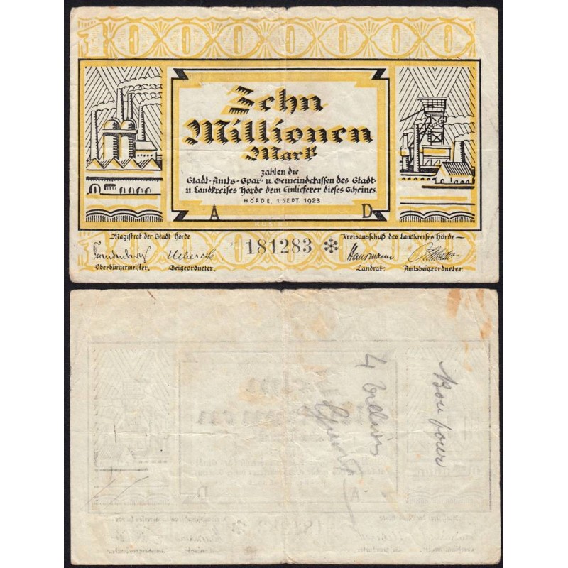 Allemagne - Notgeld - Hörde - 10 millions mark - Série A - 01/09/1923 - Etat : TB+