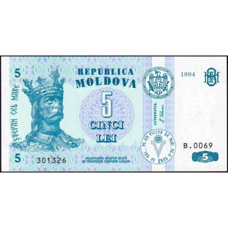 Moldavie - Pick 9a - 5 lei - Série B.0069 - 1994 - Etat : NEUF