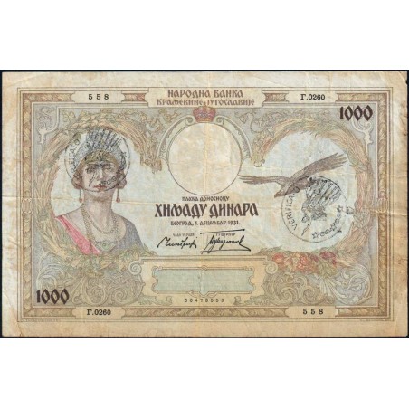 Yougoslavie - Monténégro - Pick R 15 - 1'000 dinara - Série Г.0260 - 01/12/1931 (1941) - Etat : TB+
