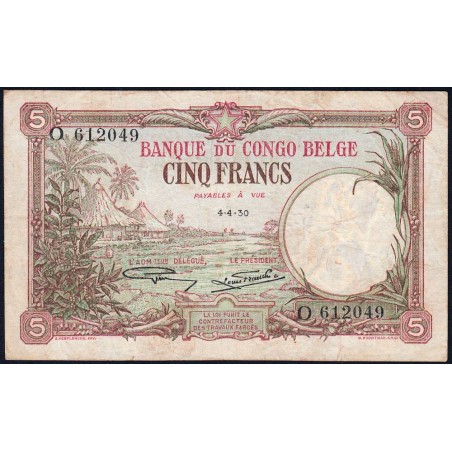Congo Belge - Pick 8e_2 - 5 francs - Série O - 04/04/1930 - Etat : TTB-
