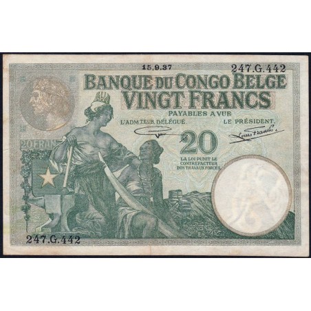 Congo Belge - Pick 10f_2 - 20 francs - Série 247.G - 15/09/1937 - Etat : TTB+