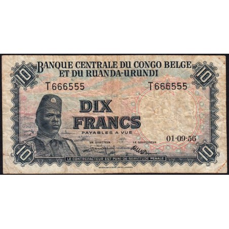 Congo Belge - Pick 30b_3 - 10 francs - Série T - 01/09/1956 - Etat : TB-