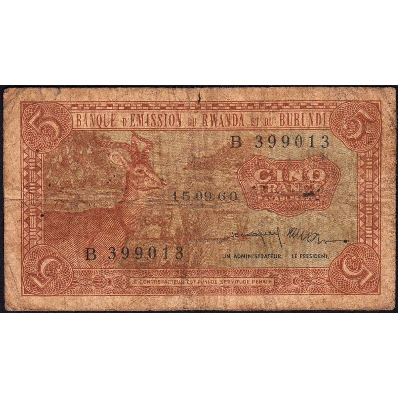 Rwanda et Burundi - Pick 1a_1 - 5 francs - 15/09/1960 - Série B - Etat : B