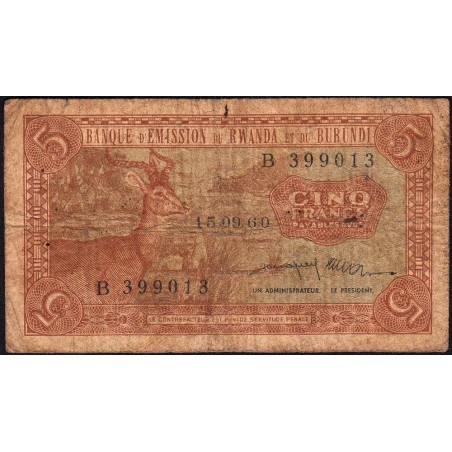 Rwanda et Burundi - Pick 1a_1 - 5 francs - 15/09/1960 - Série B - Etat : B