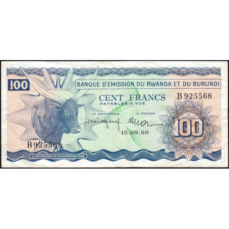 Rwanda et Burundi - Pick 5a_1 - 100 francs - 15/09/1960 - Série B - Etat : TTB à TTB+