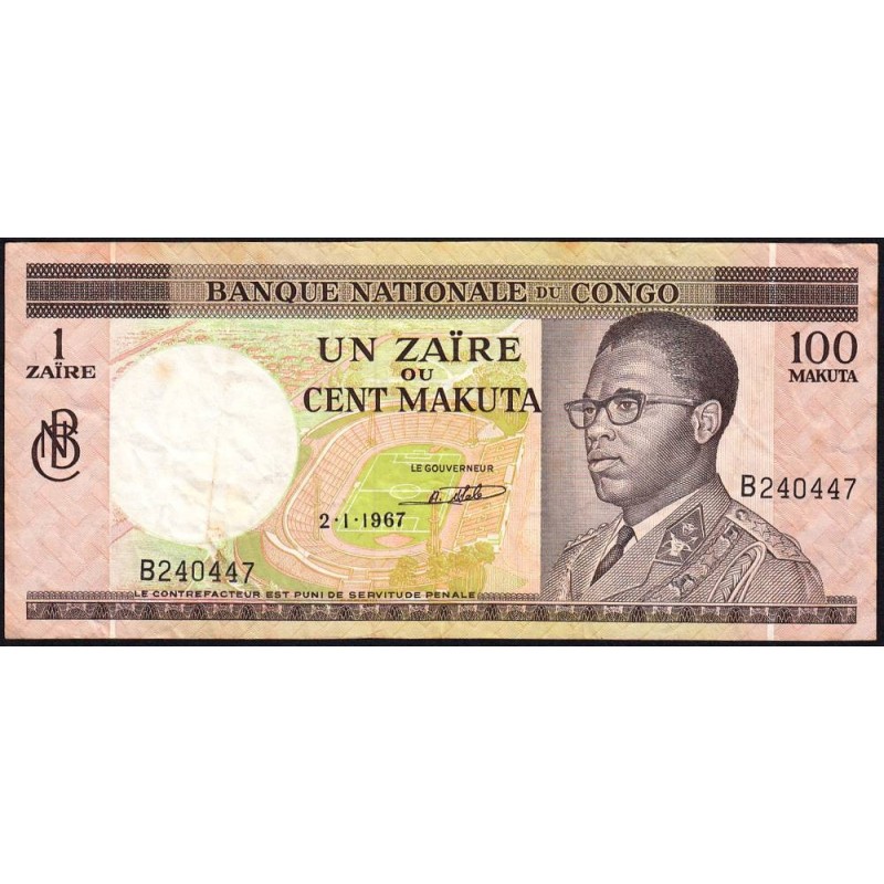 Congo (Kinshasa) - Pick 12a - 1 zaïre ou 100 makuta - Série B - 02/01/1967 - Etat : TB+