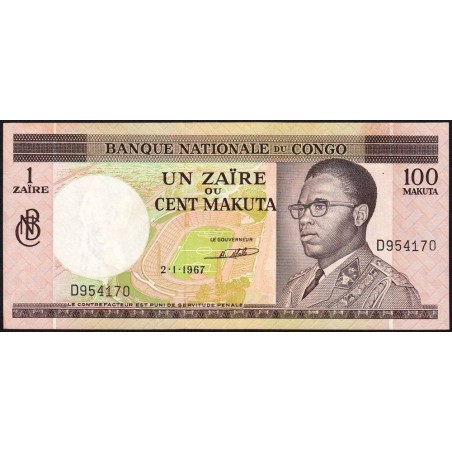 Congo (Kinshasa) - Pick 12a - 1 zaïre ou 100 makuta - Série D - 02/01/1967 - Etat : SUP+