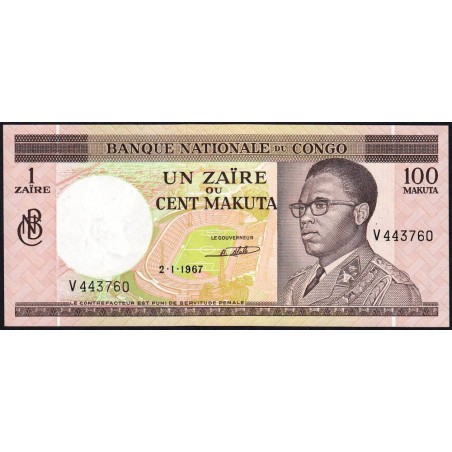 Congo (Kinshasa) - Pick 12a - 1 zaïre ou 100 makuta - Série V - 02/01/1967 - Etat : SPL+