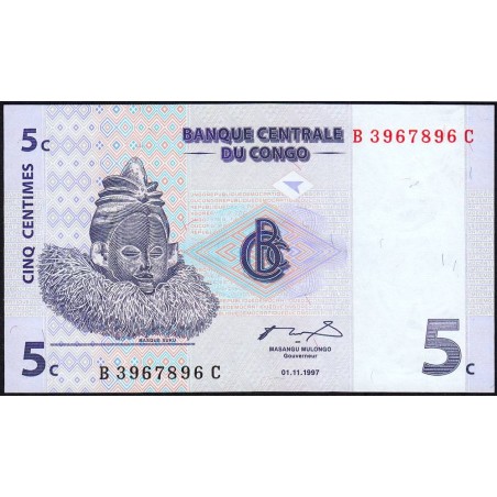 Rép. Démocr. du Congo - Pick 81 - 5 centimes - Série B C - 01/11/1997 - Etat : NEUF