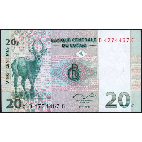 Rép. Démocr. du Congo - Pick 83 - 20 centimes - Série D C- 01/11/1997 - Etat : NEUF