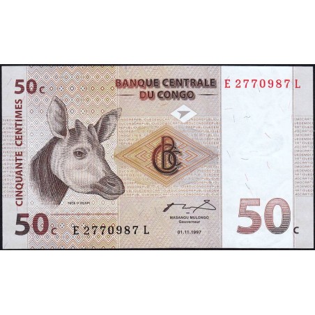 Rép. Démocr. du Congo - Pick 84 - 50 centimes - Série E L - 01/11/1997 - Etat : NEUF