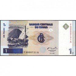 Rép. Démocr. du Congo - Pick 85 - 1 franc - Série F A - 01/11/1997 - Petit numéro - Etat : pr.NEUF