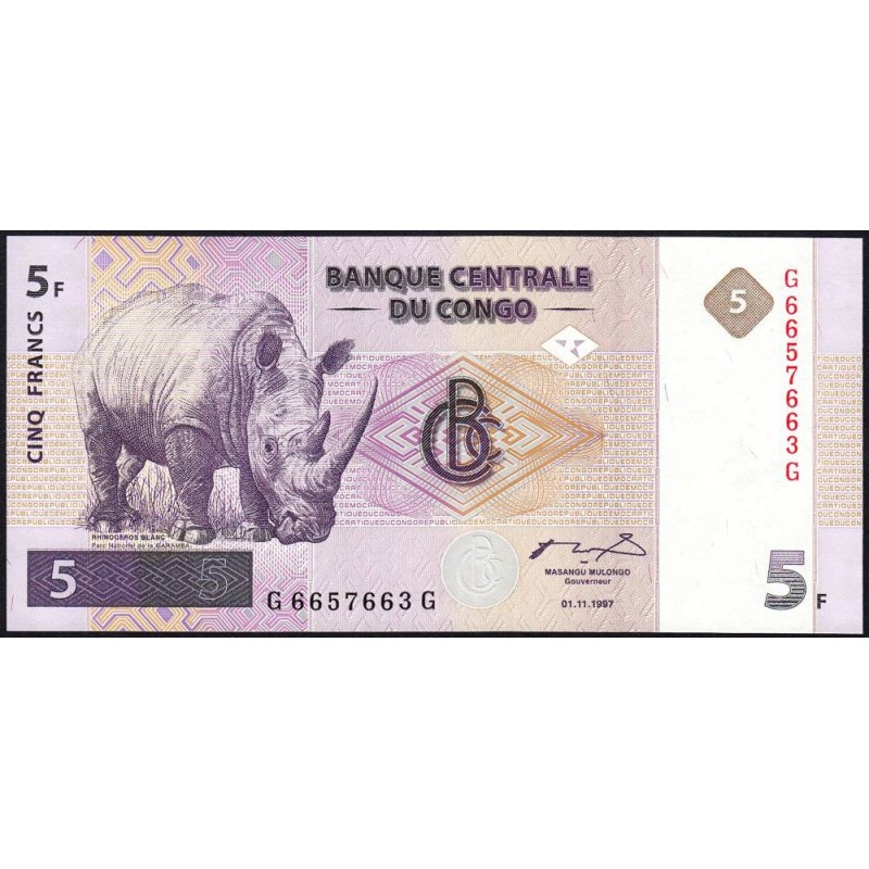 Rép. Démocr. du Congo - Pick 86A - 5 francs - Série G G - 01/11/1997 - Etat : NEUF