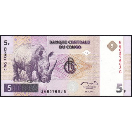 Rép. Démocr. du Congo - Pick 86A - 5 francs - Série G G - 01/11/1997 - Etat : NEUF