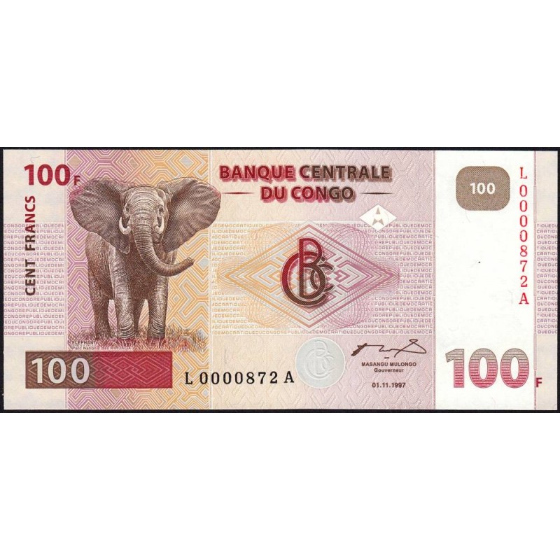 Rép. Démocr. du Congo - Pick 90 - 100 francs - Série L A - 01/11/1997 - Petit numéro - Etat : NEUF