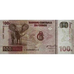 Rép. Démocr. du Congo - Pick 90 - 100 francs - Série L A - 01/11/1997 - Petit numéro - Etat : NEUF