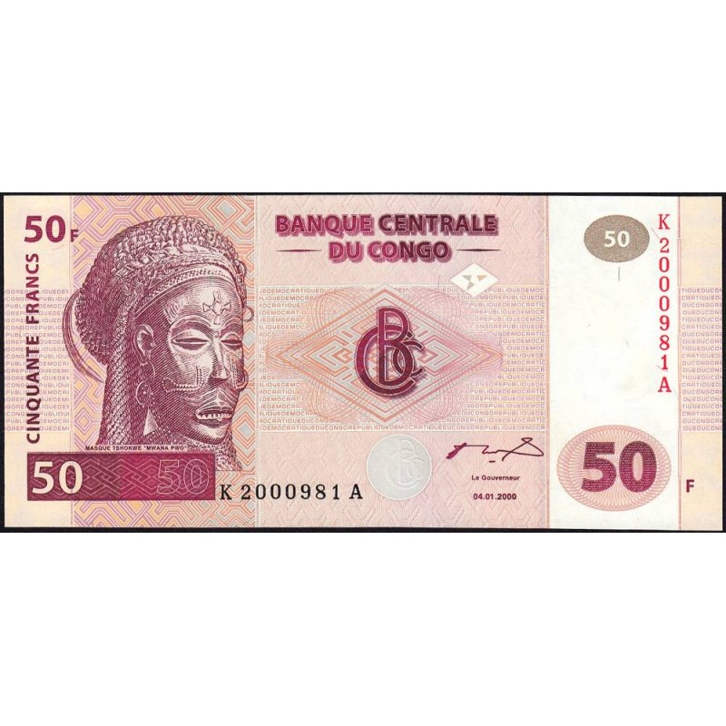 Rép. Démocr. du Congo - Pick 91 - 50 francs - Série K A - 04/01/2000 - Petit numéro - Etat : NEUF