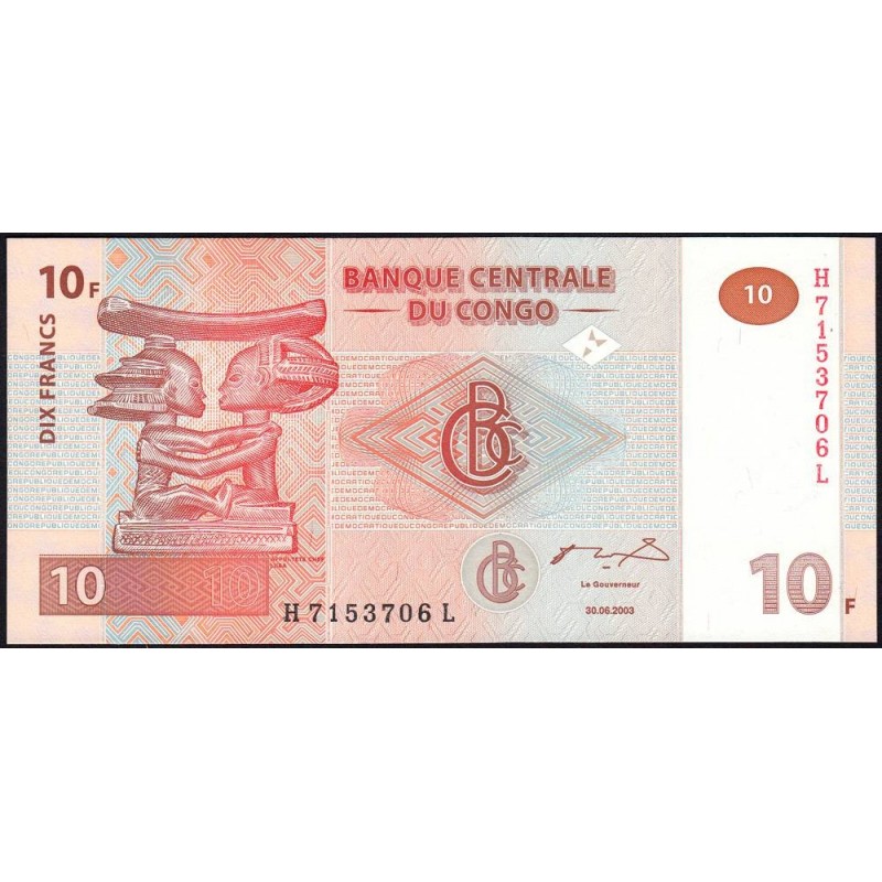 Rép. Démocr. du Congo - Pick 93 - 10 francs - Série H L - 30/06/2003 - Etat : NEUF