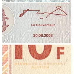 Rép. Démocr. du Congo - Pick 93 - 10 francs - Série H U - 30/06/2003 - Etat : NEUF