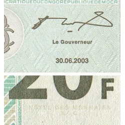 Rép. Démocr. du Congo - Pick 94 - 20 francs - Série JA D - 30/06/2003 - Etat : NEUF