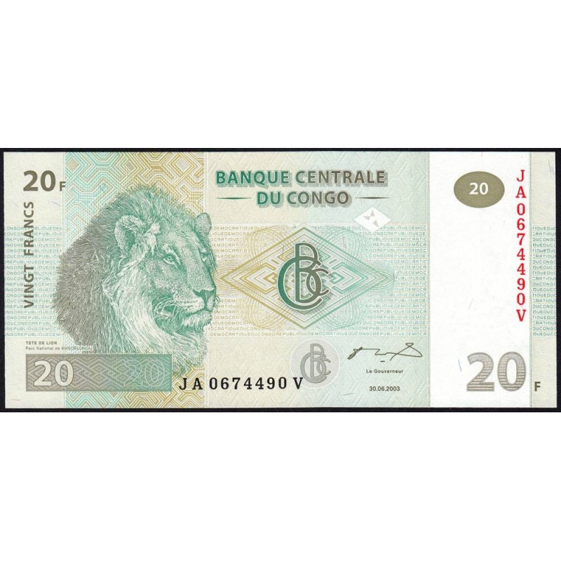 Rép. Démocr. du Congo - Pick 94A - 20 francs - Série JA V - 30/06/2003 - Etat : NEUF