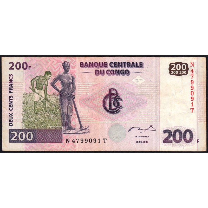 Rép. Démocr. du Congo - Pick 95 - 200 francs - Série N T - 30/062000 - Etat : TB