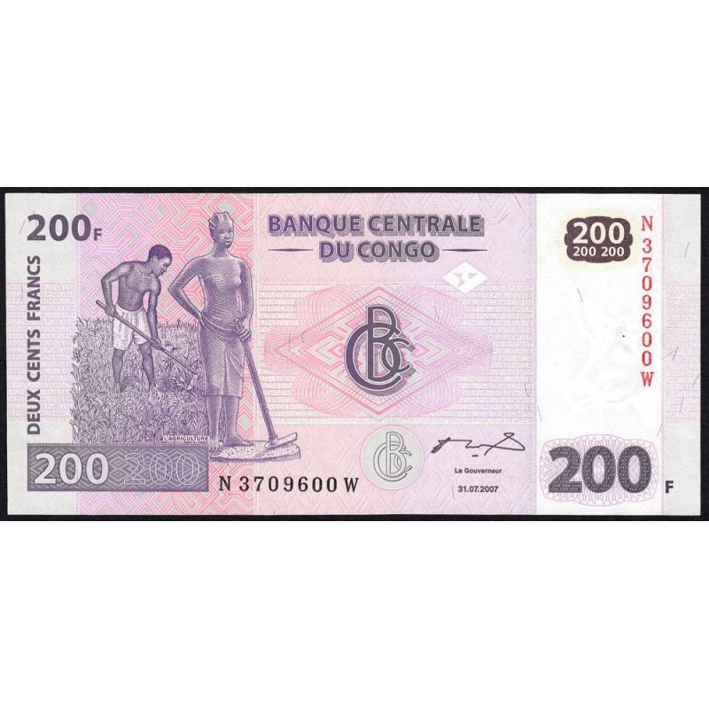 Rép. Démocr. du Congo - Pick 99a - 200 francs - Série N W - 31/07/2007 - Etat : NEUF