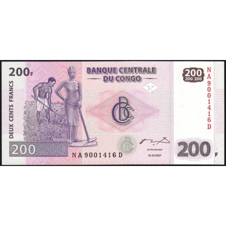 Rép. Démocr. du Congo - Pick 99a - 200 francs - Série NA D - 31/07/2007 - Etat : NEUF