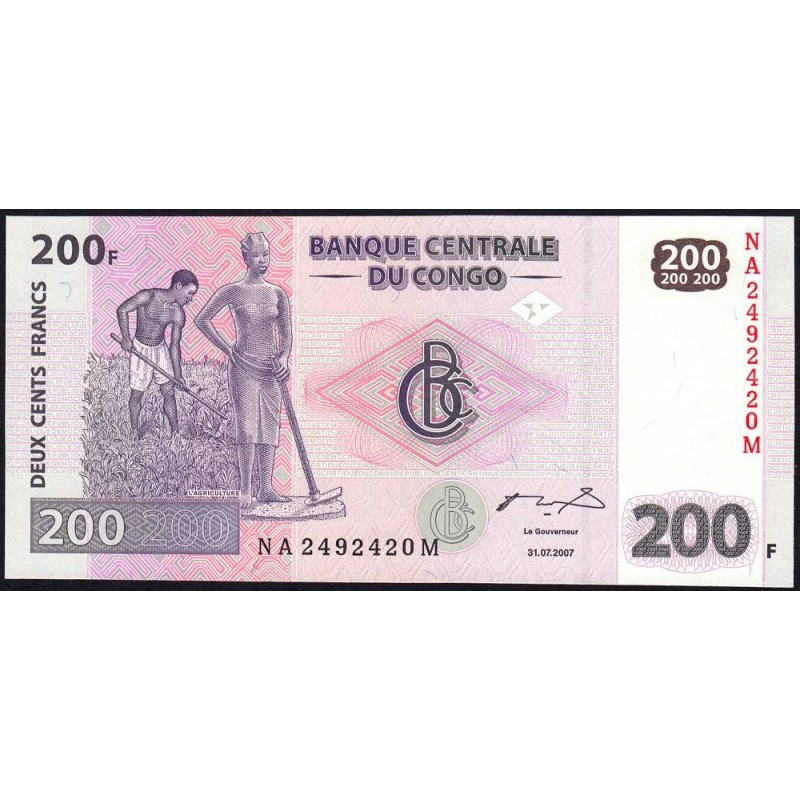 Rép. Démocr. du Congo - Pick 99a_2 - 200 francs - Série NA M - 31/07/2007 - Etat : NEUF