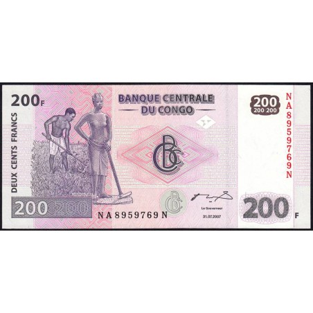 Rép. Démocr. du Congo - Pick 99a - 200 francs - Série NA N - 31/07/2007 - Etat : NEUF