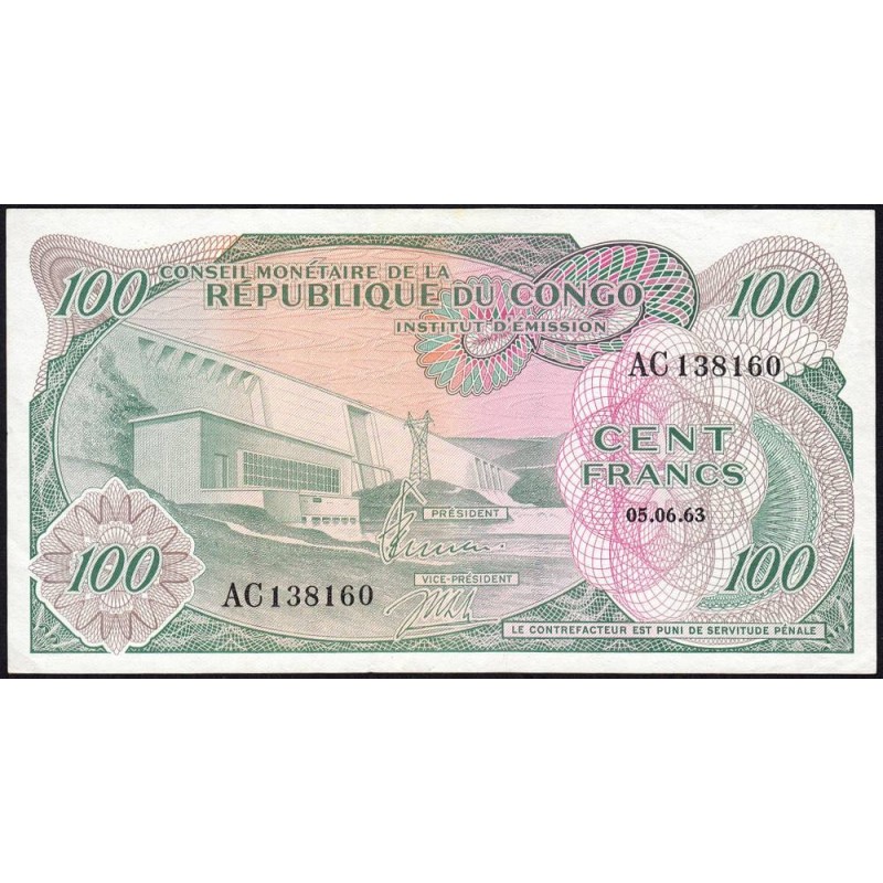 Congo (Kinshasa) - Pick 1a - 100 francs - Série AC - 05/06/1963 - Etat : SUP+