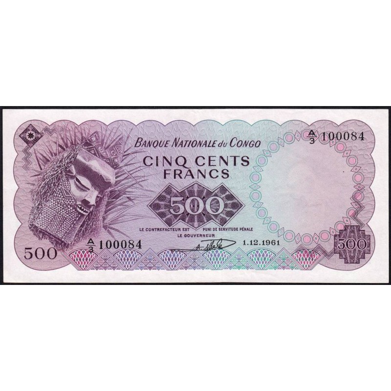 Congo (Kinshasa) - Pick 7a - 500 francs - Série A3 - 01/12/1961 - Etat : TTB+