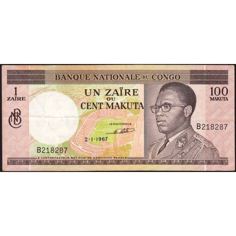 Congo (Kinshasa) - Pick 12a - 1 zaïre ou 100 makuta - Série B - 02/01/1967 - Etat : TTB
