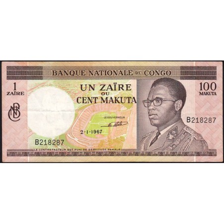 Congo (Kinshasa) - Pick 12a - 1 zaïre ou 100 makuta - Série B - 02/01/1967 - Etat : TTB