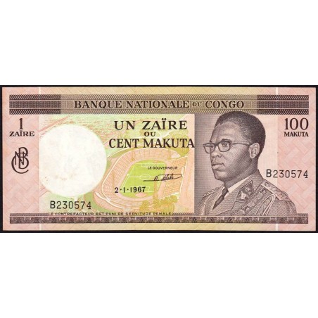 Congo (Kinshasa) - Pick 12a - 1 zaïre ou 100 makuta - Série B - 02/01/1967 - Etat : SUP