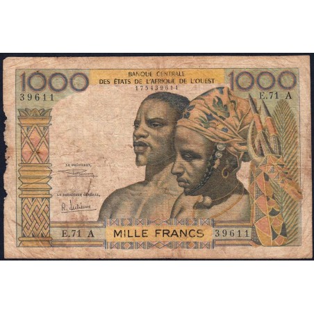 Côte d'Ivoire - Pick 103Af - 1'000 francs - Série E.71 - Sans date (1969) - Etat : B