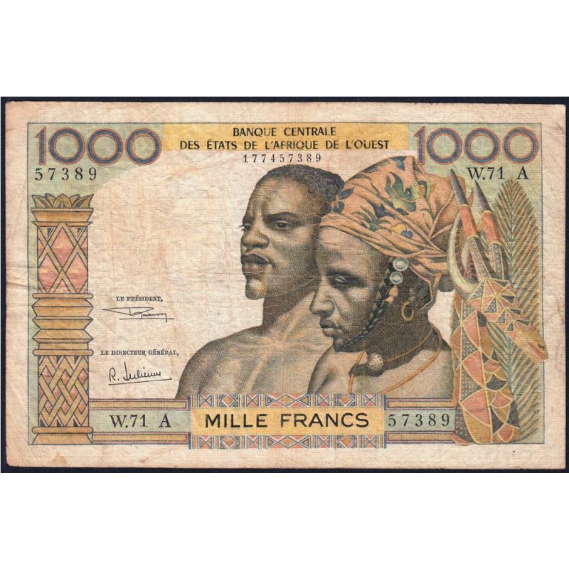 Côte d'Ivoire - Pick 103Af - 1'000 francs - Série W.71 (remplacement) - Sans date (1969) - Etat : TB-