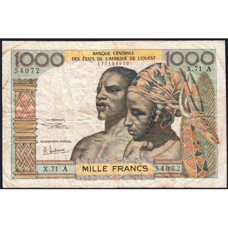 Côte d'Ivoire - Pick 103Af - 1'000 francs - Série X.71 - Sans date (1969) - Etat : B+