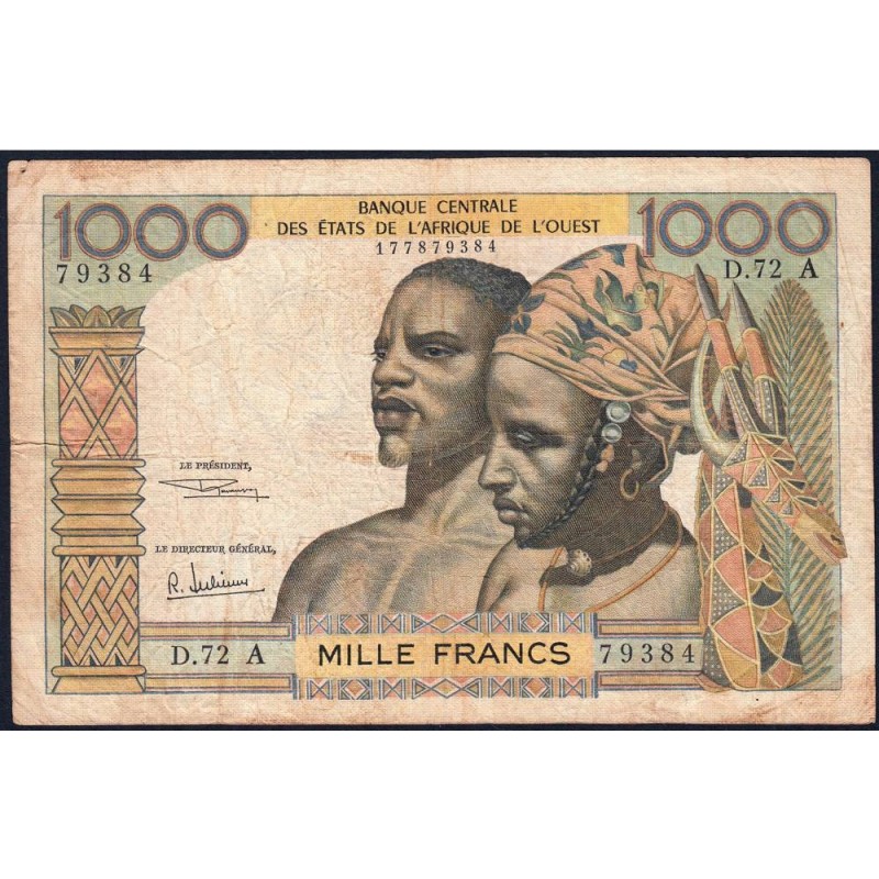 Côte d'Ivoire - Pick 103Af - 1'000 francs - Série D.72 - Sans date (1969) - Etat : TB-