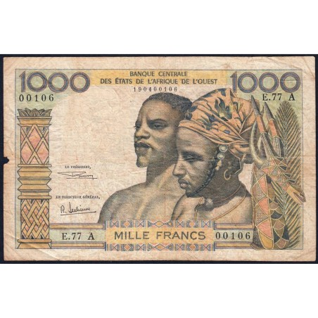 Côte d'Ivoire - Pick 103Ag - 1'000 francs - Série E.77 - Sans date (1970) - Etat : B+