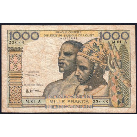 Côte d'Ivoire - Pick 103Ag - 1'000 francs - Série M.81 - Sans date (1970) - Etat : B+