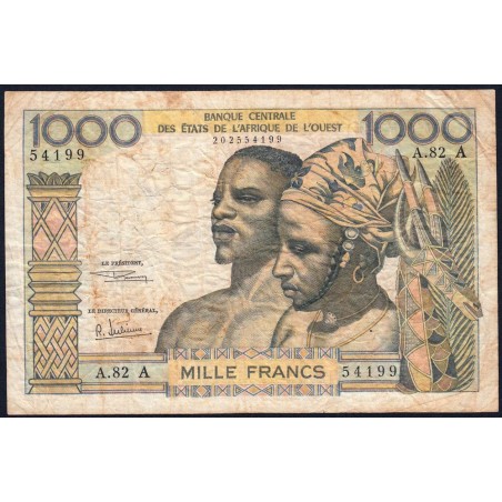 Côte d'Ivoire - Pick 103Ag - 1'000 francs - Série A.82 - Sans date (1970) - Etat : B+