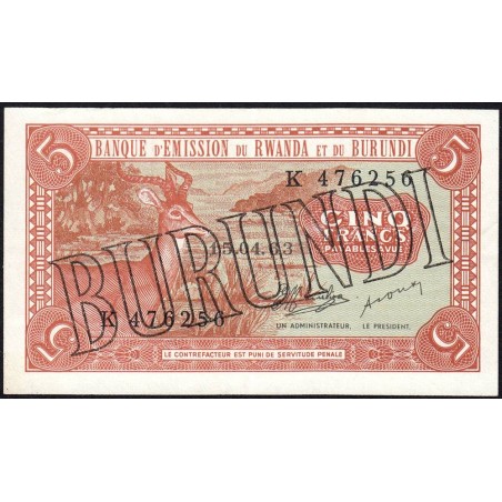 Burundi - Pick 1_2 - 5 francs - Série K - 15/04/1963 (1964) - Etat : SUP