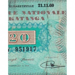 Katanga - Pick 6a - 20 francs - 21/11/1960 - Série FY - Etat : TB